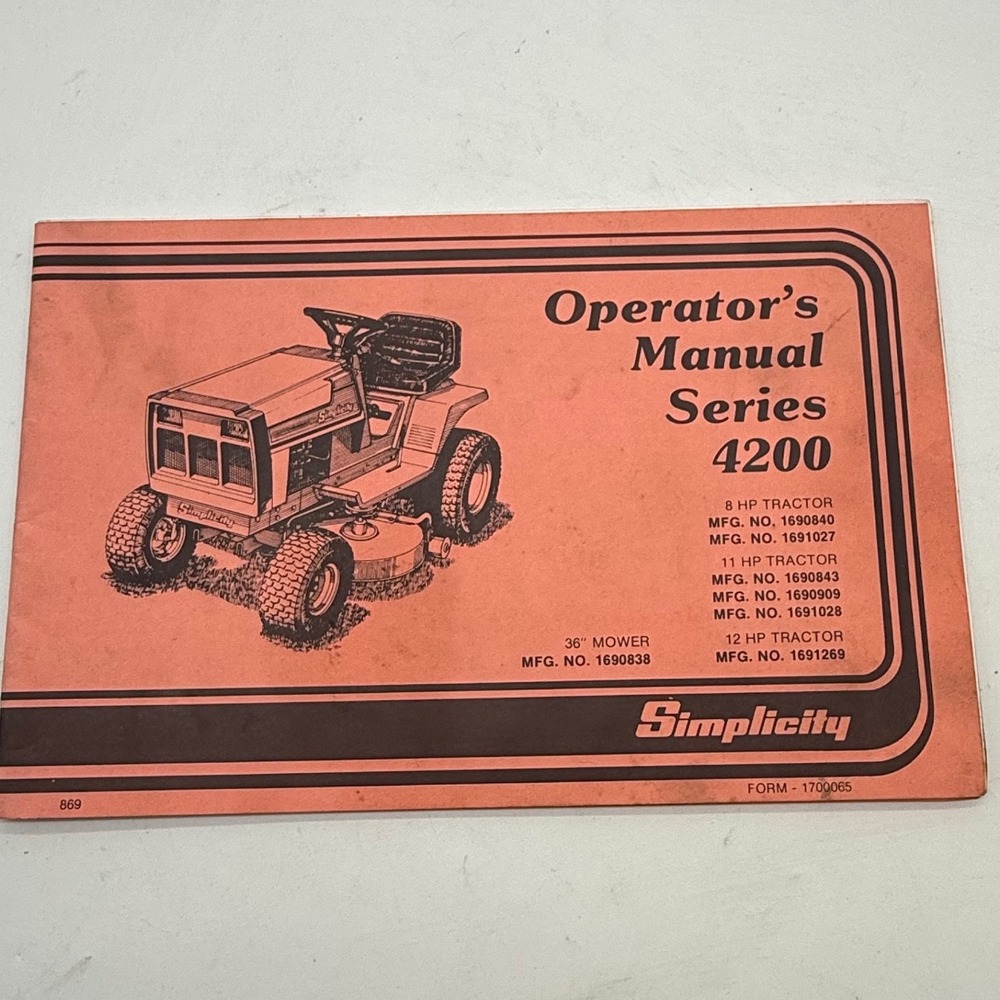Simplicity 4200 Series Operator Manual 8HP 11HP 12HP Tractor 36 Mower 1986